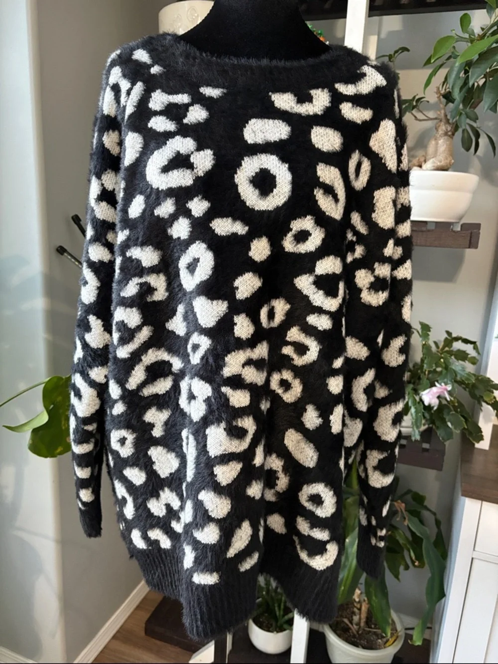 White Birch Oversized Black & Cream Leopard Plush Scoopneck Sweater - Picture 1 of 8
